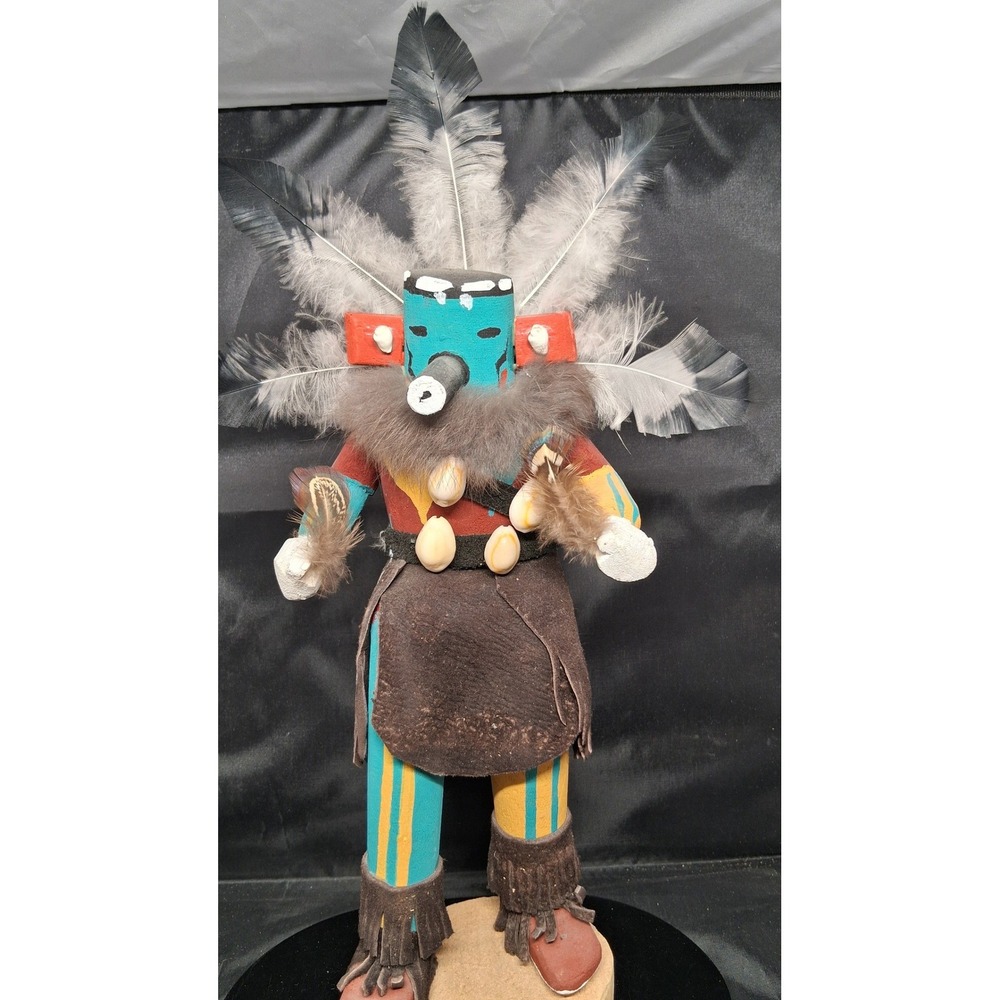 Morning Singer Kachina Doll Hand Painted Wood Leather Feathers 13.5 Inch